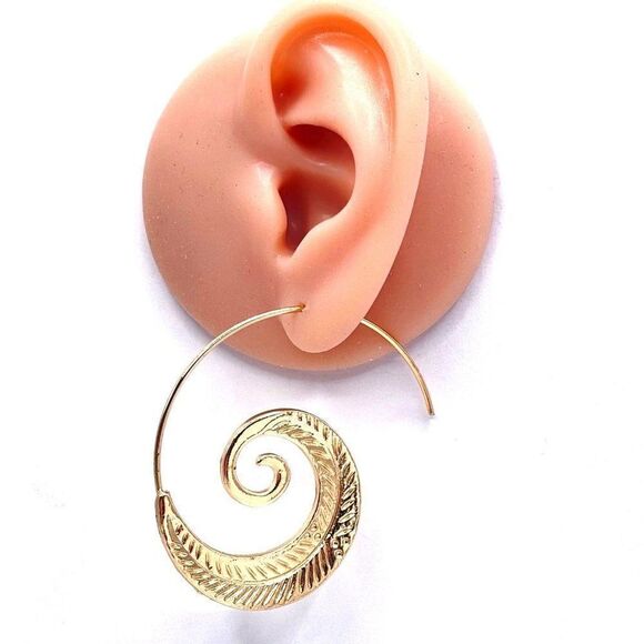 Yellow Gold Tribal Boho Mandala Spiral Swirl Hook Earrings - Picture 5 of 5